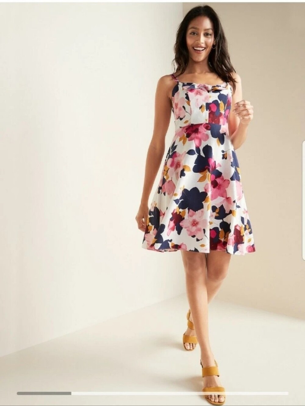 Ol Navy Floral Print Tie Front Linen-Blend Fit & Flare Cami Dress Sz M